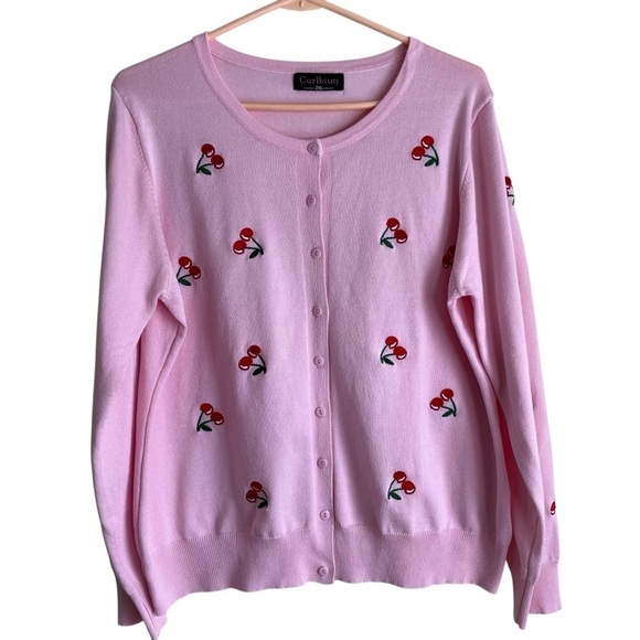 Curlbiuty Sweaters - Curlbiuty Light Pink Cardigan with Embroidered Cherries Buttons Down Size 1X